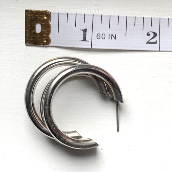 Men’s Hollow Triple Hoop Silver Tone Earrings Tri Hoop Earrings - Picture 6 of 8